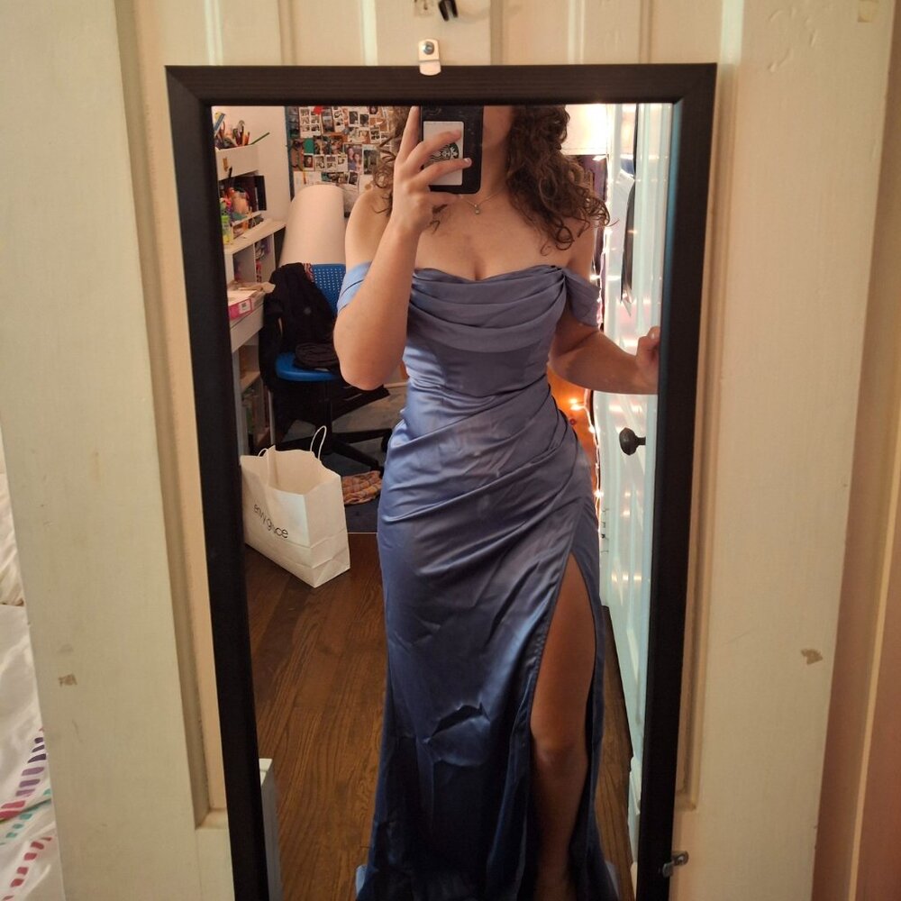 Slate Blue Satin Off-Shoulder Formal Gown w/ Slit – Size 4